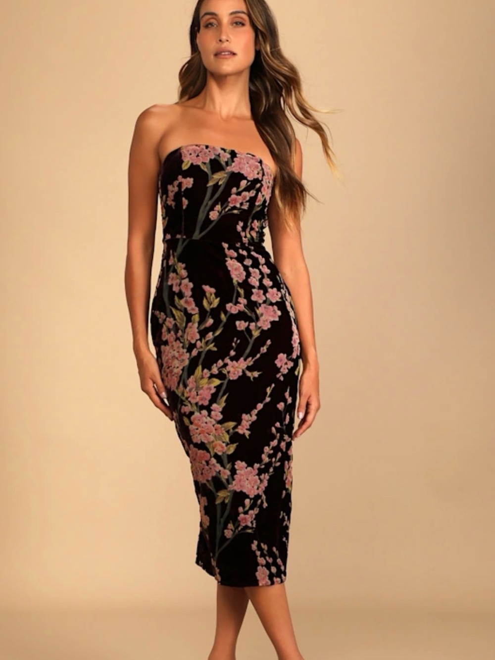 Lulu's Strapless Black Velvet Midi Dress with Pink Floral Embroidery